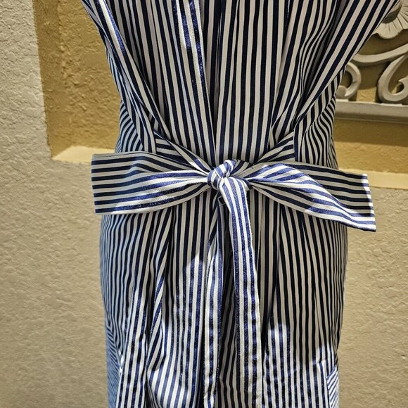 Tang Jing Rui Large Blue & White Nautical Striped Dress W Rear Tie - Picture 4 of 7
